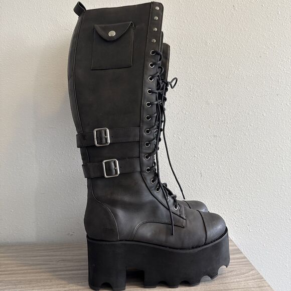 Current Mood Black Leather Tall Combat Platform Boots Lace-Up Zip Womens Size 7 - Picture 2 of 11